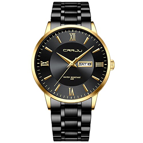 CRRJU Armbanduhr Herren Edelstahl Band Männer Uhr Analog wasserdichte Business Schwarz Stoppuhr Klassische Quarzuhr mit Kalender (Schwarz Gold) von CRRJU