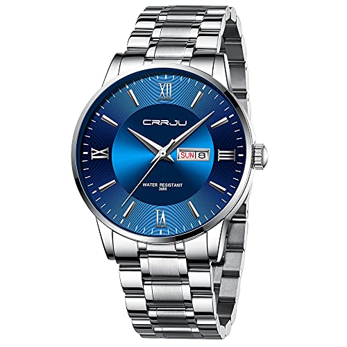 CRRJU Armbanduhr Herren Edelstahl Band Männer Uhr Analog wasserdichte Business Schwarz Stoppuhr Klassische Quarzuhr mit Kalender (Silber Blau) von CRRJU