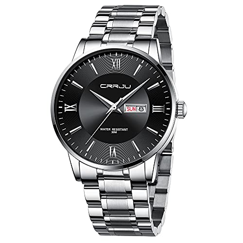 CRRJU Armbanduhr Herren Edelstahl Band Männer Uhr Analog wasserdichte Business Schwarz Stoppuhr Klassische Quarzuhr mit Kalender (Silber Schwarz) von CRRJU