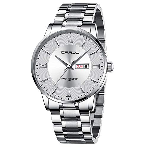 CRRJU Armbanduhr Herren Edelstahl Band Männer Uhr Analog wasserdichte Business Schwarz Stoppuhr Klassische Quarzuhr mit Kalender (Silber Silber) von CRRJU