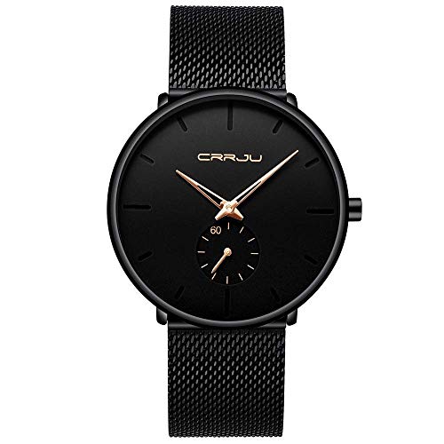 CRRJU Herren Schwarz Ultra Dünne Uhren Minimalistische Mode Gent Business Armbanduhr mit Edelstahl Mesh Band, gold von CRRJU