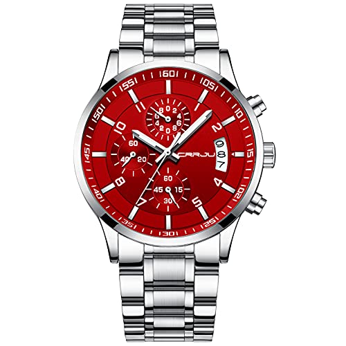 CRRJU Herren Uhr Business Edelstahl wasserdichte Chronographen mit Kalender Armbanduhr Edelstahlband Stoppuhr Analog Quarzuhr Silver red von CRRJU