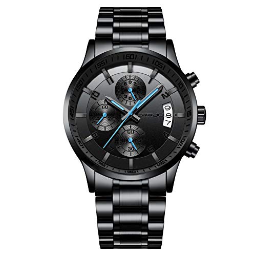 CRRJU Herren Uhr wasserdichte Chronographen Armbanduhr Männer Edelstahlarmband Business Analog Quarzuhr mit Kalender (Schwarz Blau) von CRRJU