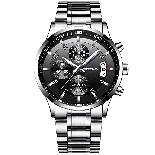 CRRJU Herren Uhr wasserdichte Chronographen Armbanduhr Männer Edelstahlarmband Business Analog Quarzuhr mit Kalender (Silber Schwarz) von CRRJU