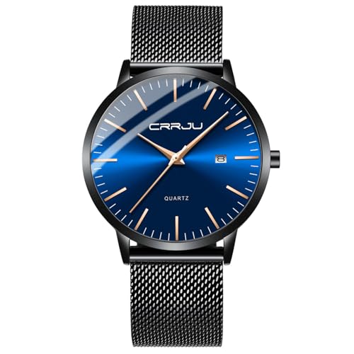 CRRJU Herren Uhr Ultra Dünne Wasserdicht Armbanduhr Herren Mode mit Schwarz Edelstahlband Mesh Analog Quarz Business Männer Uhren von CRRJU