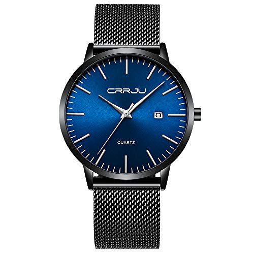 CRRJU Herren Uhr Ultra Dünne Wasserdicht Armbanduhr Herren Mode mit Schwarz Edelstahlband Mesh Analog Quarz Business Männer Uhren (Schwarz Blau Silber) von CRRJU