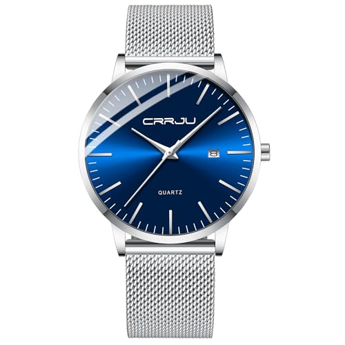 CRRJU Herren Uhr Ultra Dünne Wasserdicht Armbanduhr Herren Mode mit Schwarz Edelstahlband Mesh Analog Quarz Business Männer Uhren (Silber Blau) von CRRJU