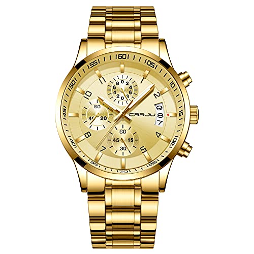 CRRJU Herren Uhr wasserdichte Chronographen Armbanduhr Männer Edelstahlarmband Business Analog Quarzuhr mit Kalender (Gold Gold) von CRRJU