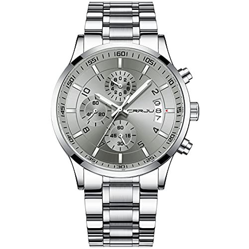 CRRJU Herren Uhr Business Edelstahl wasserdichte Chronographen mit Kalender Armbanduhr Edelstahlband Stoppuhr Analog Quarzuhr (Silber grau) von CRRJU