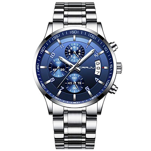 CRRJU Herren Uhr wasserdichte Chronographen Armbanduhr Männer Edelstahlarmband Business Analog Quarzuhr mit Kalender (A Blau) von CRRJU