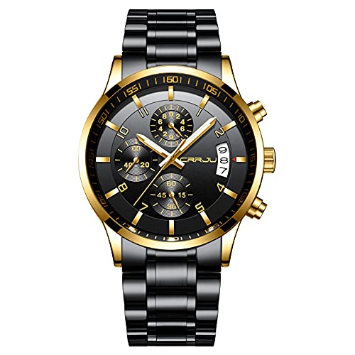 CRRJU Herren Uhr wasserdichte Chronographen Armbanduhr Männer Edelstahlarmband Business Analog Quarzuhr mit Kalender (Schwarz Gold Gold) von CRRJU