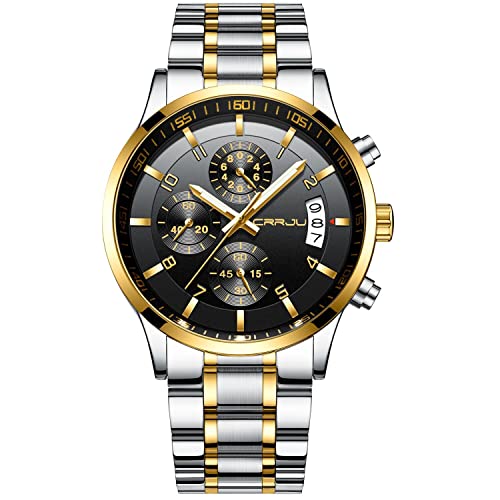 CRRJU Herren Uhr wasserdichte Chronographen Armbanduhr Männer Edelstahlarmband Business Analog Quarzuhr mit Kalender (Silber Gold schwarz) von CRRJU