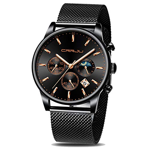 CRRJU Herren Uhren Chronograph Armbanduhr Männer Uhr Mann Sportuhren Wasserdicht mit Mesh-Armband Analog Quarzwerk (Schwarz schwarz Rosegold) von CRRJU