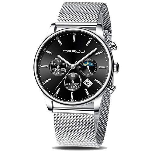 CRRJU Herren Uhren Chronograph Armbanduhr Männer Uhr Mann Sportuhren Wasserdicht mit Mesh-Armband Analog Quarzwerk (Silber schwarz Silber) von CRRJU