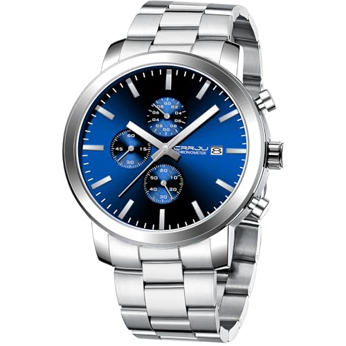 CRRJU Uhr Herren Chronographen Männer Uhren EdelstahlBand Mesh Wasserdicht Armbanduhr Business Schwarz Stoppuhr mit Datum Analog Quarzuhren (Silber BLAU) von CRRJU