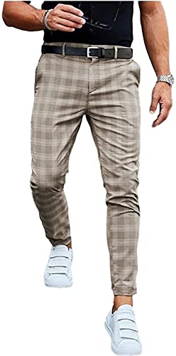 Herren Karierte Sommerhose Anzughose Anzug Herrenhose Pants Elegant Business Slim Fit Regular Klassisch Classic Basic Für Herren Freizeithose (Color : Khaki, Size : XL) von CRRTYL