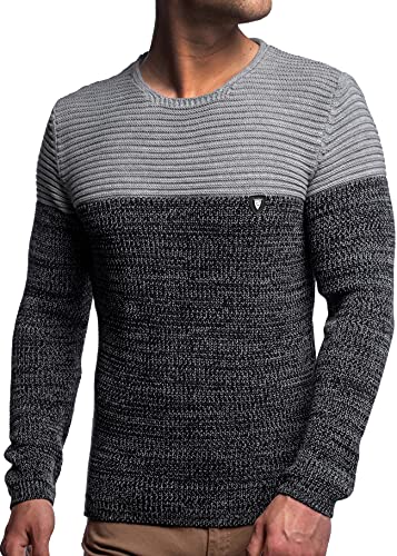 Herren Strick-Pullover Rundhals mit Logopatch | Männer Winter-Pullover |stylischer Herren Strick-Pulli | warmer Männer Pulli Grobstrick| Herren Basic Longsleeve Sweatshirt sweater K-114 Grey-Navy 3XL von Karl´s People