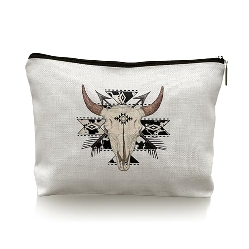CRULTY Boho-Kosmetiktasche mit aztekischem Kuh, Stier, Totenkopf, Western-Geschenke für Damen, Kosmetiktasche, Cowgirl-Geschenke, Boho-Kosmetiktasche von CRULTY