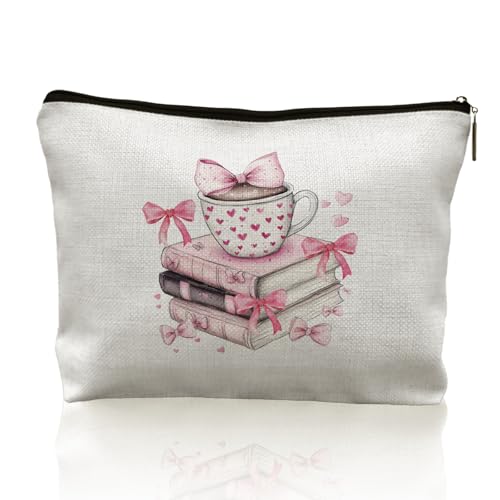 CRULTY Coquette Make-up-Tasche mit rosa Schleife, adrette Kosmetiktasche für Frauen, Buchliebhaber, Geschenke für Frauen, Buchleser, Geschenke für Kaffeeliebhaber, adrette rosa Make-up-Tasche mit von CRULTY
