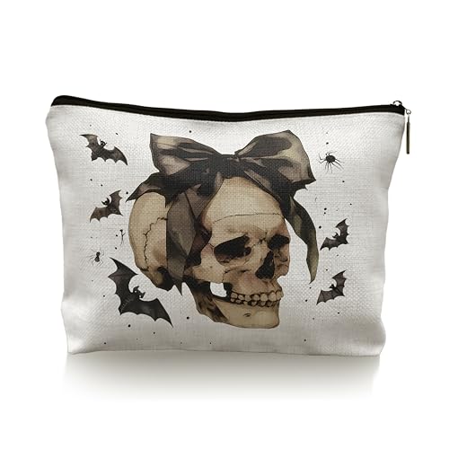 CRULTY Halloween-Make-up-Tasche mit Totenkopf-Motiv, Horror, Kokette, Schleife, gruselige Jahreszeit, Geschenke für Frauen, gruselige Skelett-Make-up-Tasche von CRULTY