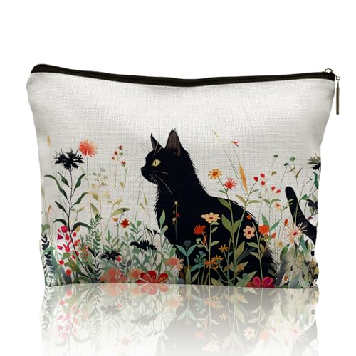 CRULTY Make-up-Tasche mit Blumenmuster, schwarze Katze, Geschenke für Frauen, Kosmetiktasche, Geschenke für Katzenliebhaber, Katzenmutter, Make-up-Tasche, Katzen-Dame, Geschenke mit Reißverschluss von CRULTY