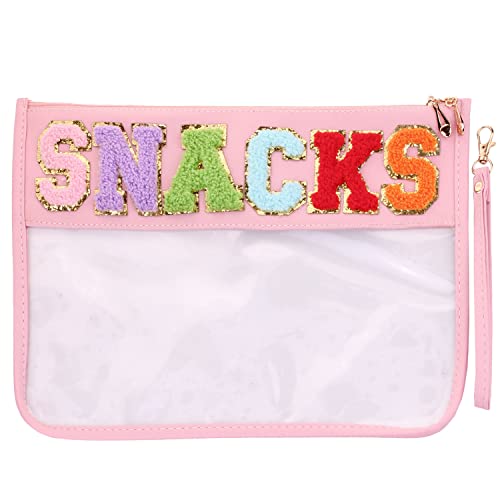 CRUOXIBB Mehrzweck-Chenille-Buchstaben, transparent, Handtasche, PU-Kosmetiktasche mit Handschlaufe, Make-up-Reisetasche für Damen, Pink-Snacks, modisch von CRUOXIBB