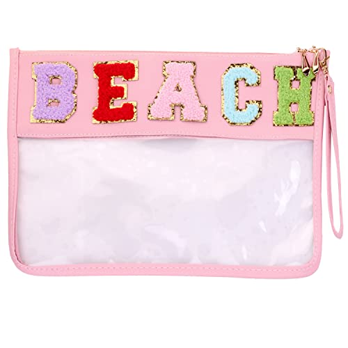 Mehrzweck-Chenille-Buchstaben-Patch-Tasche, transparente Handtasche, PU-Kosmetiktasche mit Handgelenkschlaufe, Make-up-Reisetasche für Frauen und Mädchen, Pink-Beige, modisch von CRUOXIBB