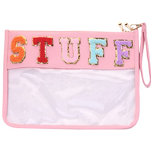 Mehrzweck-Chenille-Buchstaben-Patch-Tasche, transparente Handtasche, PU-Kosmetiktasche mit Handgelenkschlaufe, Make-up-Reisetasche für Frauen und Mädchen, Pink-STUFF, modisch von CRUOXIBB