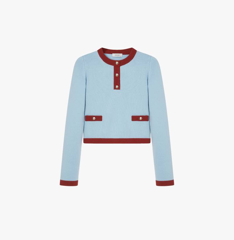 BUTTON-EMBELLISHED COLORBLOCKED CREWNECK SWEATER WITH POCKETS - Blue - M - CRUSH Collection - Cardigans von CRUSH Collection