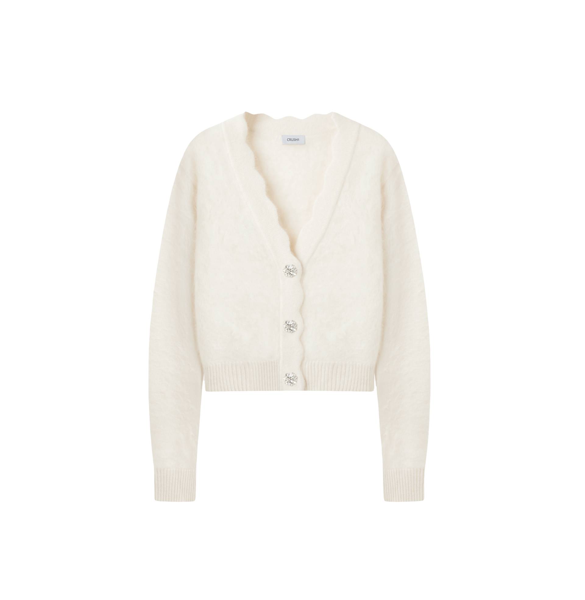 FLUFFY CASHMERE SCALLOPED V-NECK CARDIGAN von CRUSH Collection