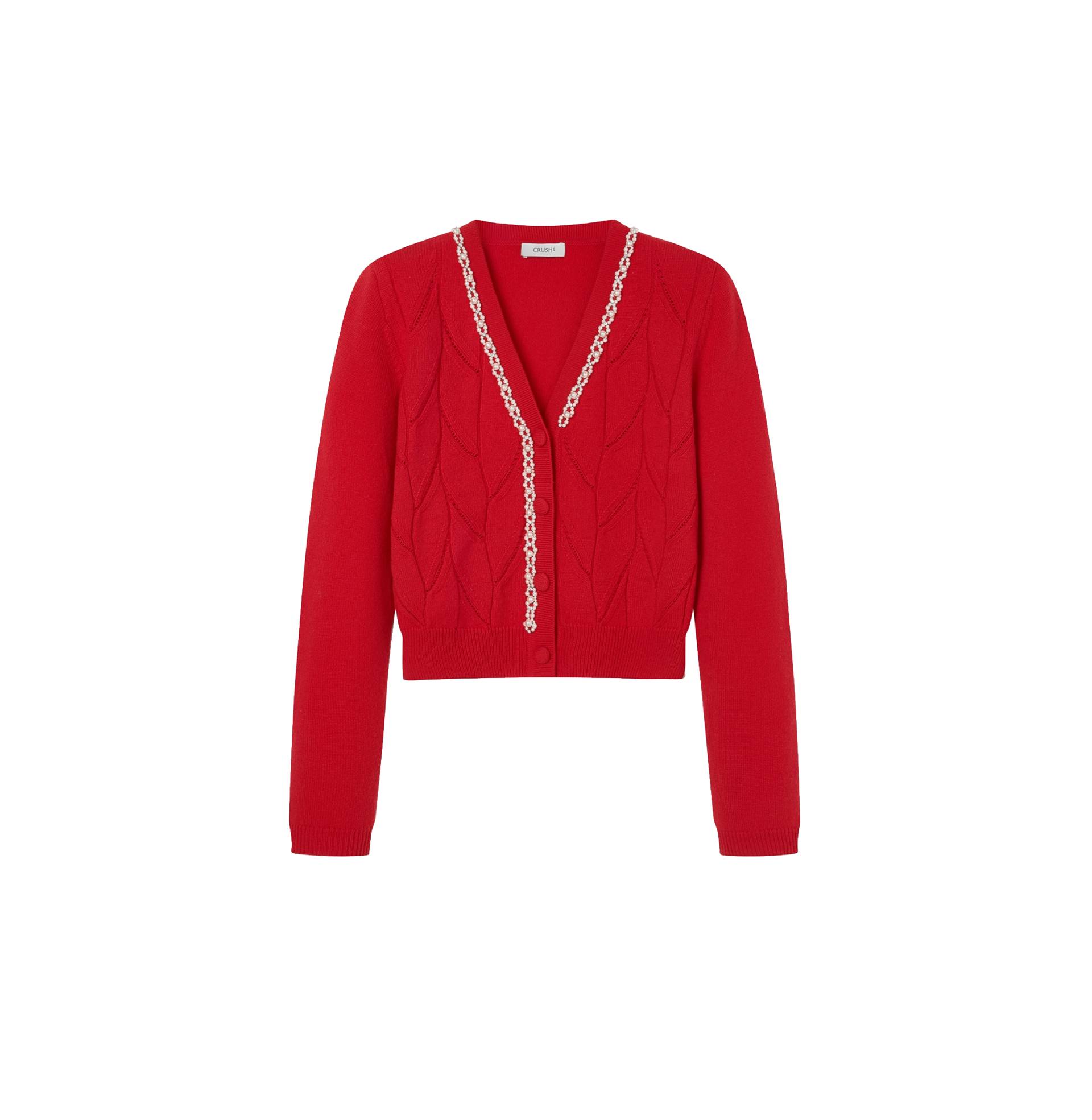 LEAF POINTELLE BEADED CARDIGAN - Red - L - CRUSH Collection - Cardigans von CRUSH Collection