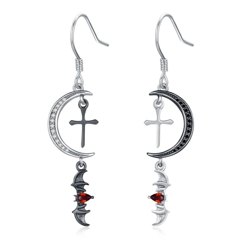 Bat Asymmetrical Earrings for Women 925 Sterling Silver Cross Dangle Earrings Moon Zircon Earrings Gothic Earrings Halloween Punk Rock Jewellery Gift von CRWENG