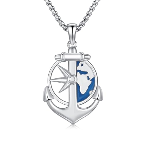 CRWENG Anker Halskette 925 Sterling Silber mit Globus Anhänger und Emaille Öltropfen Detail Nautischer Unisex Schmuck Geschenk für Segler und Meerliebhaber von CRWENG