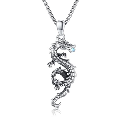 CRWENG Drachen Kette 925 Sterling Silber Unisex Schmuck Anhänger Oxidierter Drachenschmuck Halskette Unisex Geschenk (Mondstein) von CRWENG