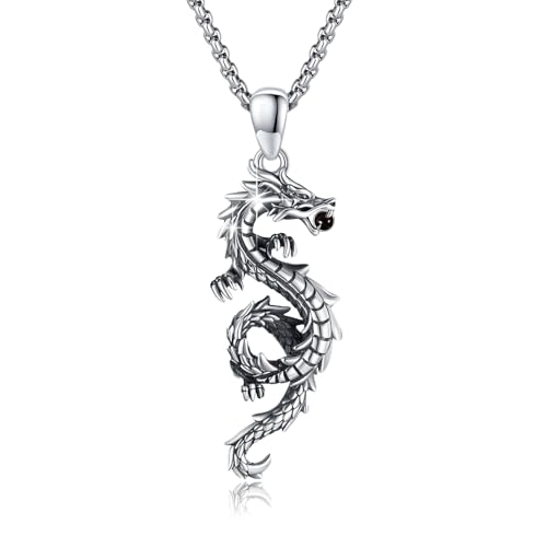 CRWENG Drachen Kette 925 Sterling Silber Unisex Schmuck Anhänger Oxidierter Drachenschmuck Halskette Unisex Geschenk (Obsidian) von CRWENG