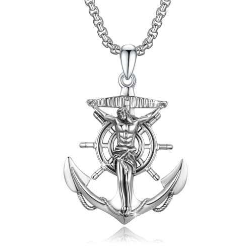 CRWENG Jesus Halskette für Männer 925 Sterling Silber Anker Halskette Jesus Kreuz Halskette Schutzpatron Medaille Religiöser Schutz Anhänger Amulett Schmuck für Männer und Frauen von CRWENG
