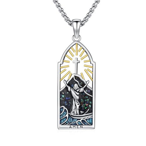 CRWENG Jesus Halskette für Männer 925 Sterling Silber Kreuz Halskette Guardian Medal Anhänger Kreuz Klassischer Christlicher Schmuck Geschenk Unisex von CRWENG
