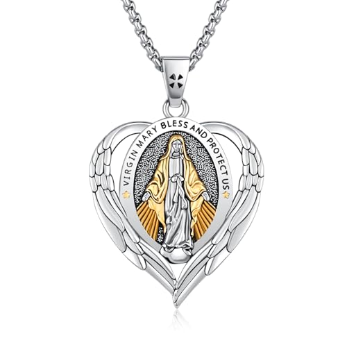 CRWENG Jungfrau Maria Halskette 925 Sterling Silber Schutzpatronin Anhänger Halskette Amulett Medaille Religiöser Schmuck Geschenk für Frauen Männer von CRWENG