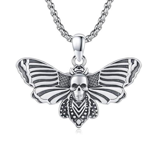 CRWENG Motten Halskette für Herren 925er Sterling Silber Motten Schädel Halskette Gothic Halskette Totenkopf Schmuck Halloween Geschenk Unisex von CRWENG