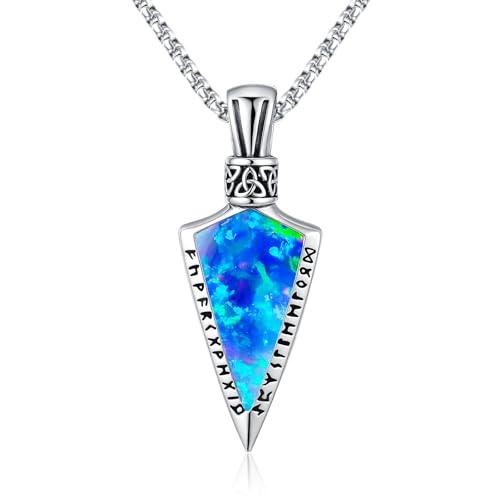 CRWENG Pfeil Halskette 925 Sterling silber Wikinger Runen Anhänger Schmuck Unisex Für Männer Und Frauen (Blau Opal) von CRWENG