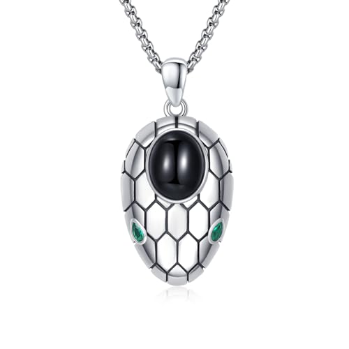 CRWENG Schlangenkopf Anhänger 925 Sterling Silber mit Hypnotischen Grünen Zirkonia Augen Giftige Schlange Halskette Oxidierte Silberkette mit Onyx Unisex Geschenk （Grüne Augen） von CRWENG