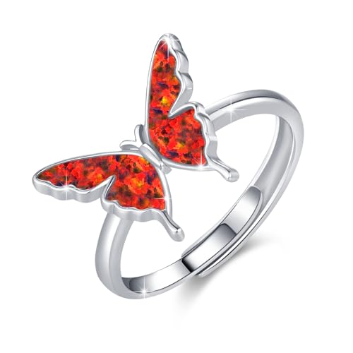 CRWENG Schmetterlingsring für Damen 925er Sterling Silber Opal/Türkis offener verstellbarer Ring exquisiter süßer Schmuck Jahrestags oder Geburtstagsgeschenk für die Geliebte (Roter Opal) von CRWENG