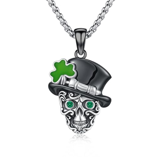 CRWENG St. Patrick's Day Totenkopf Halskette 925 Sterling Silber Totenkopf Punk Anhänger Irischer Feiertagsschmuck St. Patrick's Day Geschenke für Männer und Frauen von CRWENG
