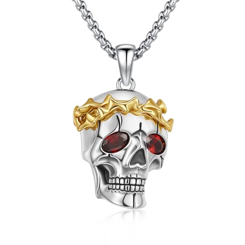 CRWENG Totenkopf Halskette 925 Sterling Silber mit Vergoldeter Krone Roten Zirkonia Augen Gothic Dornenkrone Anhänger Dunkler Punk Schmuck für Männer und Frauen von CRWENG