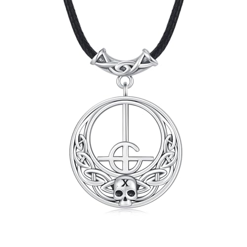 CRWENG Totenkopf Halskette 925 Sterling Silber mit Wikinger Kreuz Anhänger Gothic Unisex Schmuck mit Geheimnisvollem Design für Punk Metal Fans von CRWENG