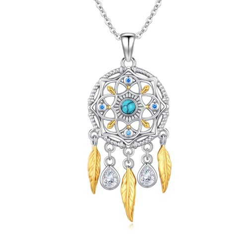 CRWENG Traumfänger Halskette 925 Sterling Silber Vergoldet Mit Türkis Schmuck Im Bohème-Stil Mit Federanhänger Elegantes Halsketten Geschenk Für Frauen (Türkis) von CRWENG