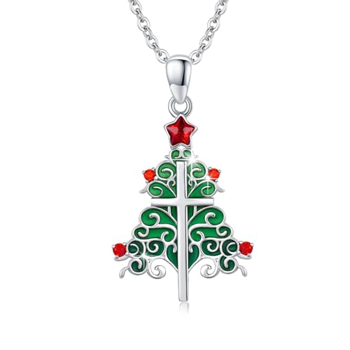 CRWENG Weihnachtsbaum Halskette für Damen 925 Sterling Silber Weihnachtsbaum Kreuz Ketten Herbst und Winteratmosphäre Schmuck Einzigartiges Geschenk für Ihren Partner von CRWENG