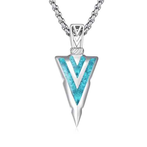CRWENG Wikinger Halskette 925 Sterling Silber Pfeil Anhänger Türkisfarbener Kies Punk Halskette Unisex Schmuck Schutz Amulett für Männer und Frauen (Türkisfarbener Kies) von CRWENG