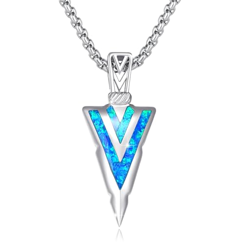 CRWENG Wikinger Halskette 925 Sterling Silber Pfeil Anhänger Opal/Lapislazuli/Abalone/Malachit/Türkis Punk Halskette Unisex Schmuck für Männer und Frauen (Blauer Opal) von CRWENG