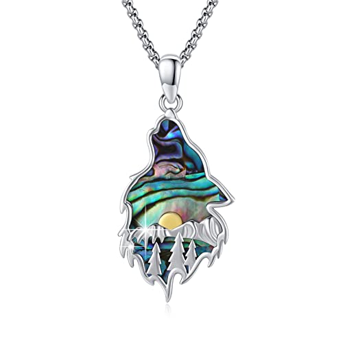 CRWENG Wolfskopf Halskette 925er Sterling Silber Shanyue Schmuck Anhänger Obsidian/Malachit/Opal/Türkis/Abalone Geeignet Für Männer Und Frauen (Abalone) von CRWENG